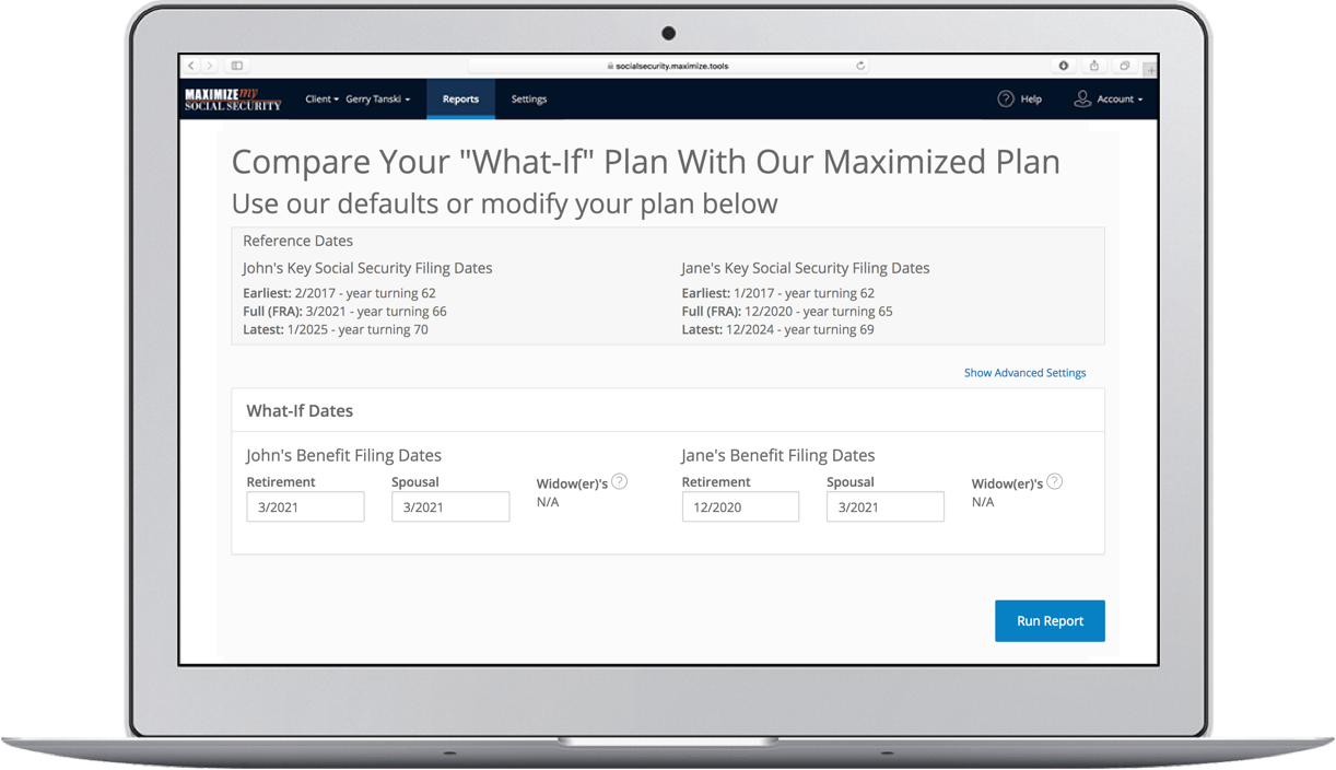 Screenshot from program showing simple setup screen for creating a what-if Social Security benefit filing dates scenario.