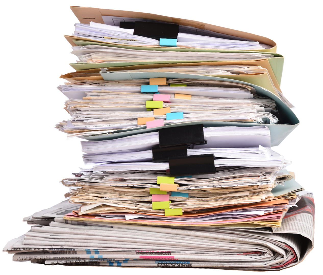 Picture showing messy stacks of paper and newspapers